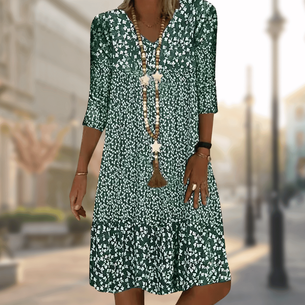 Printed Jersey Dress with Relaxed Fit and Three-Quarter Sleeves in Blue, Red, Brown and Green | Koossa