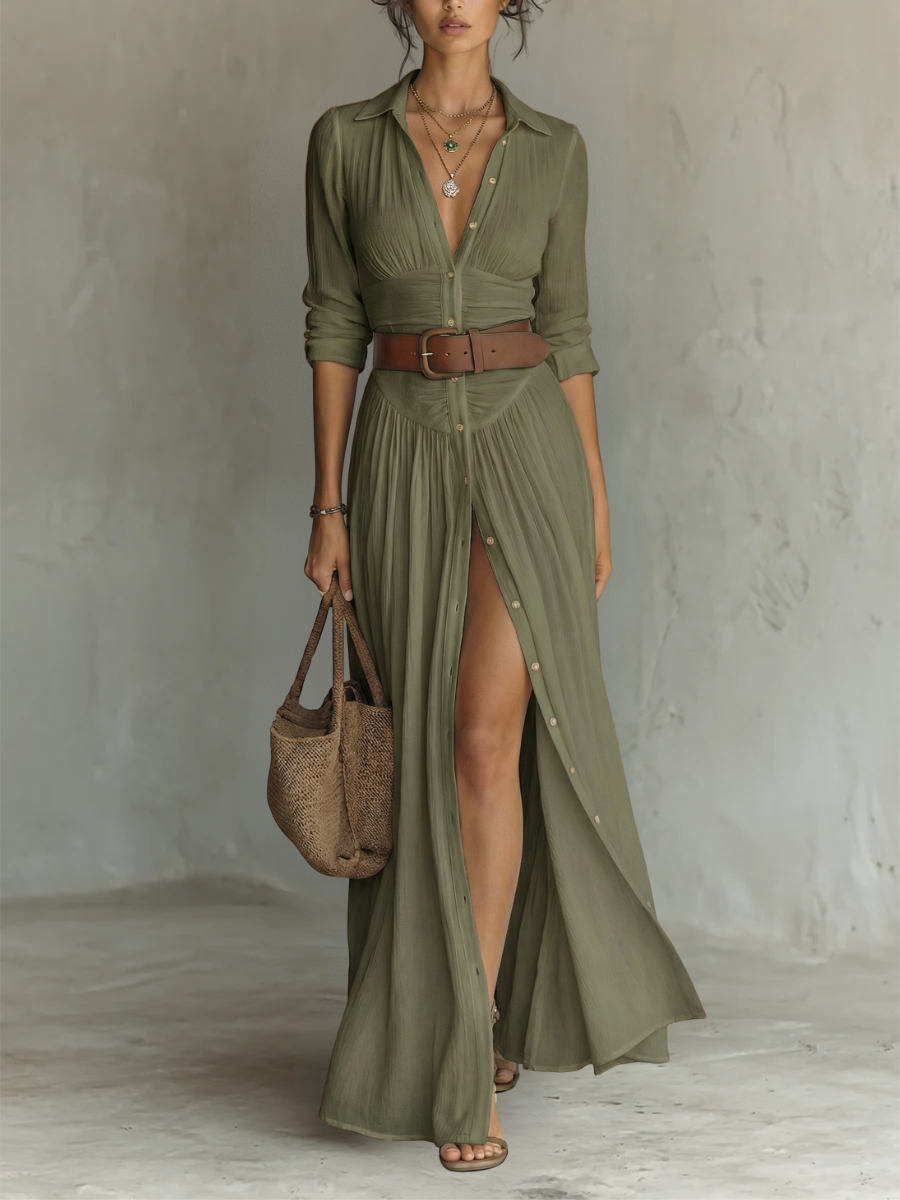 Women's Collared Maxi Dress with Pleated Skirt in White, Black, Green & Brown – Elegant Long Sleeve Shirt Dress for Garden Parties, Work & Weekend | Koossa