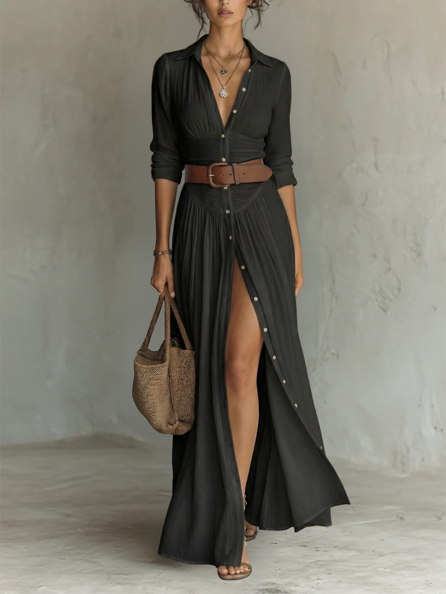 Women's Collared Maxi Dress with Pleated Skirt in White, Black, Green & Brown – Elegant Long Sleeve Shirt Dress for Garden Parties, Work & Weekend | Koossa