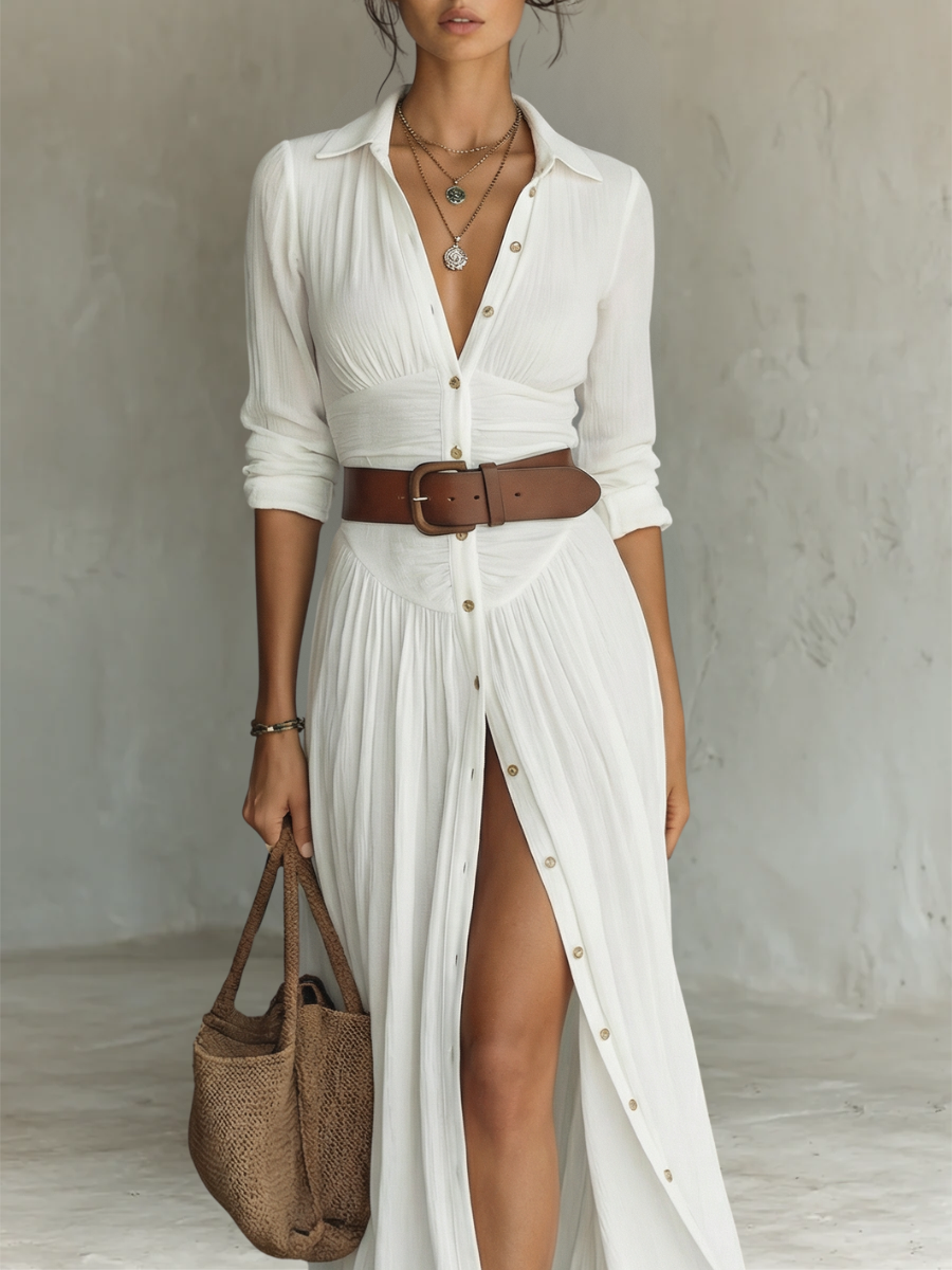 Women's Collared Maxi Dress with Pleated Skirt in White, Black, Green & Brown – Elegant Long Sleeve Shirt Dress for Garden Parties, Work & Weekend | Koossa