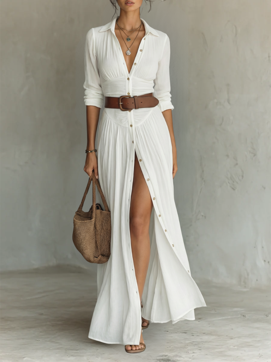 Women's Collared Maxi Dress with Pleated Skirt in White, Black, Green & Brown – Elegant Long Sleeve Shirt Dress for Garden Parties, Work & Weekend | Koossa
