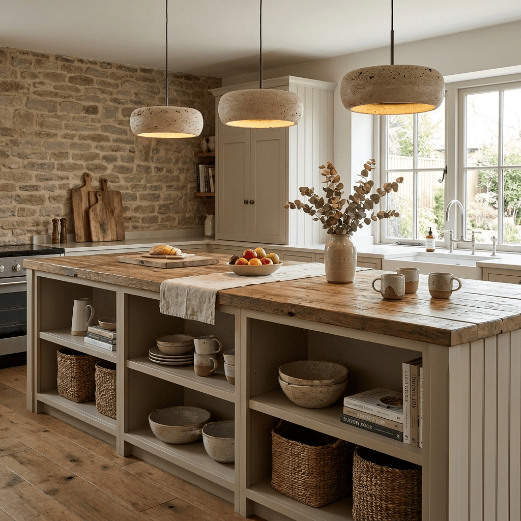 Circular Stone Pendant Light with Warm LED – Adjustable Drop Ceiling Fixture for Dining Room, Kitchen Island, Entryway – Natural Material | Lonoma