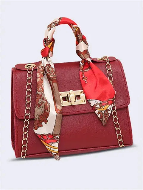 Structured Crossbody Bag with Scarf-Wrapped Handle in Premium Faux Leather — Twist-Lock Closure and Gold-Tone Hardware for Timeless Sophistication | Koossa