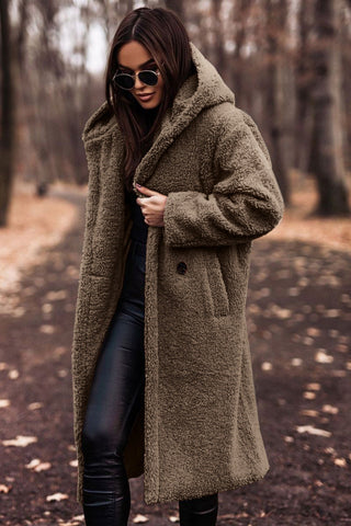 Women's Hooded Teddy Coat — Long Relaxed-Fit Winter Coat with Wide Lapels & Single-Button Front | Koossa