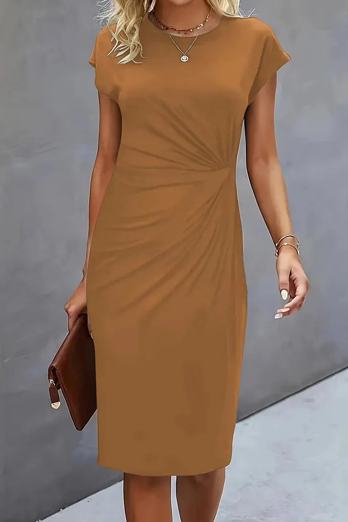 Ruched Waist Midi Dress with Cap Sleeves in Classic Colours for Sophisticated Evening Occasions | Koossa
