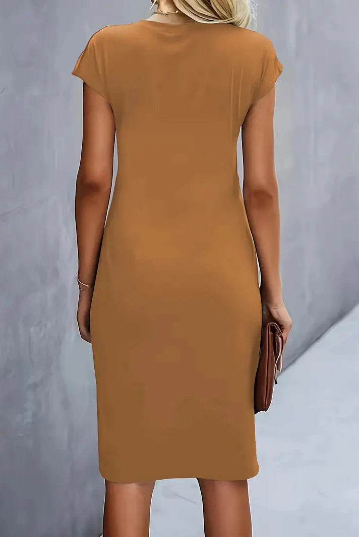 Ruched Waist Midi Dress with Cap Sleeves in Classic Colours for Sophisticated Evening Occasions | Koossa