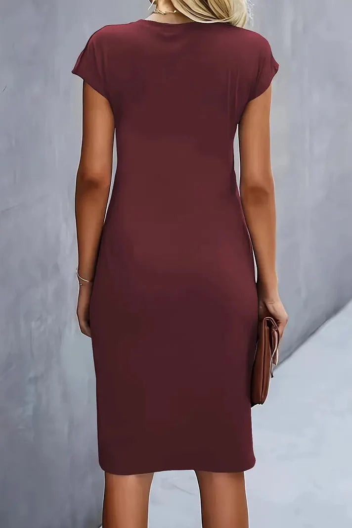 Ruched Waist Midi Dress with Cap Sleeves in Classic Colours for Sophisticated Evening Occasions | Koossa