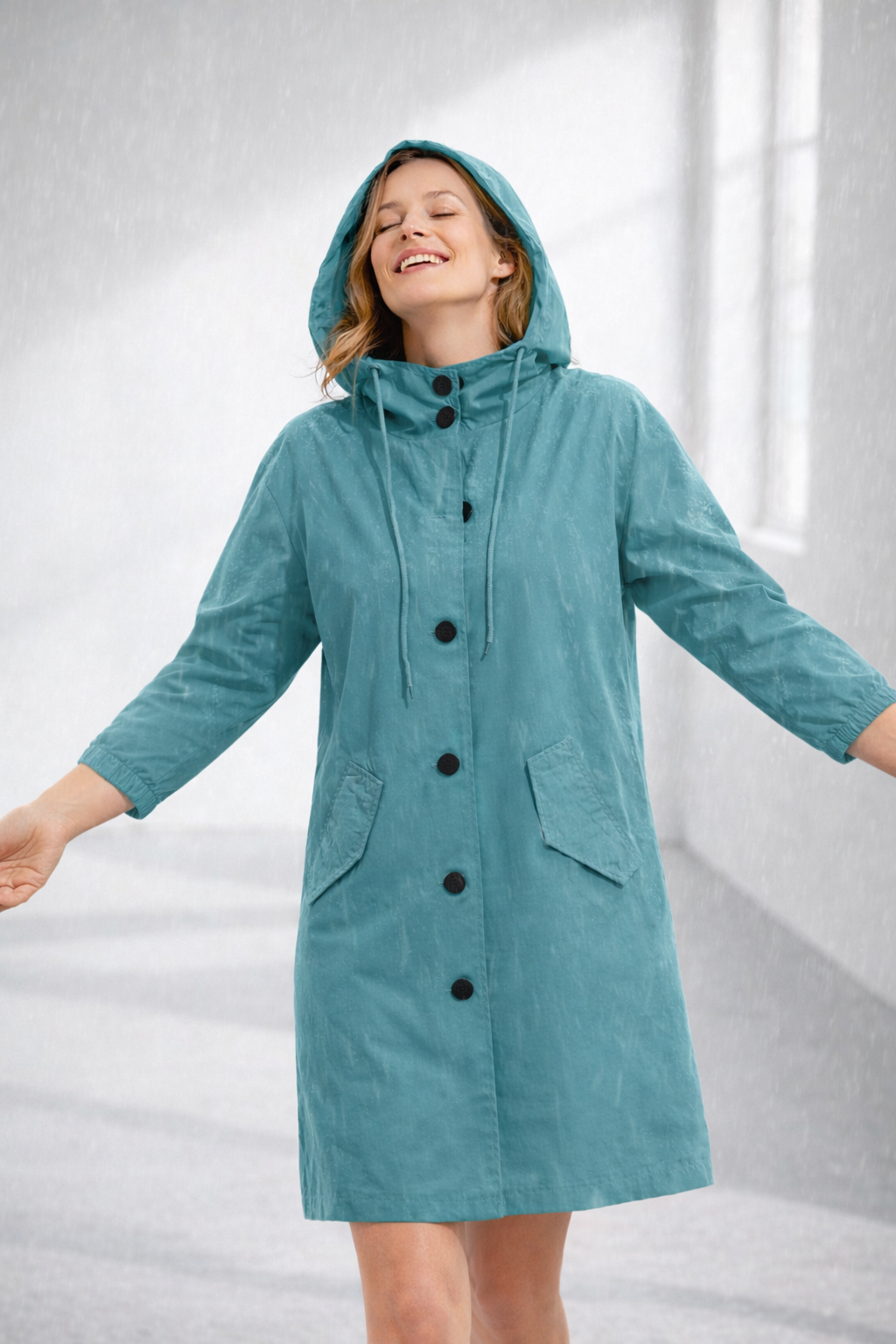 Women's Mid-Length Hooded Jacket — Relaxed Fit Button-Front Coat for Everyday & Transitional Weather | Koossa