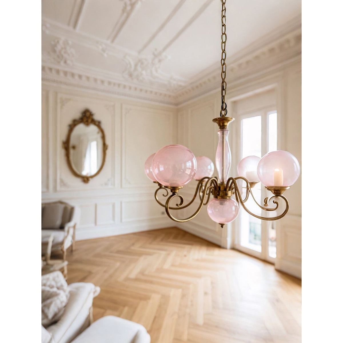 Hand-Blown Glass Globe Chandelier with Antique Brass Frame – Multi-Arm Pendant Light for Dining Room | Lonoma