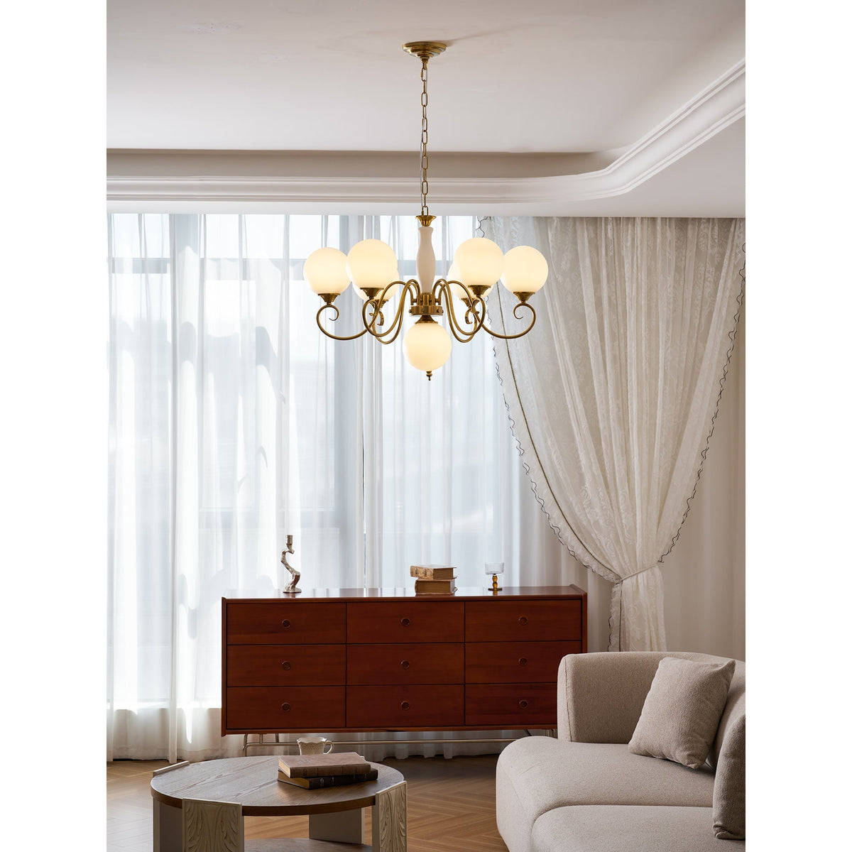 Hand-Blown Glass Globe Chandelier with Antique Brass Frame – Multi-Arm Pendant Light for Dining Room | Lonoma