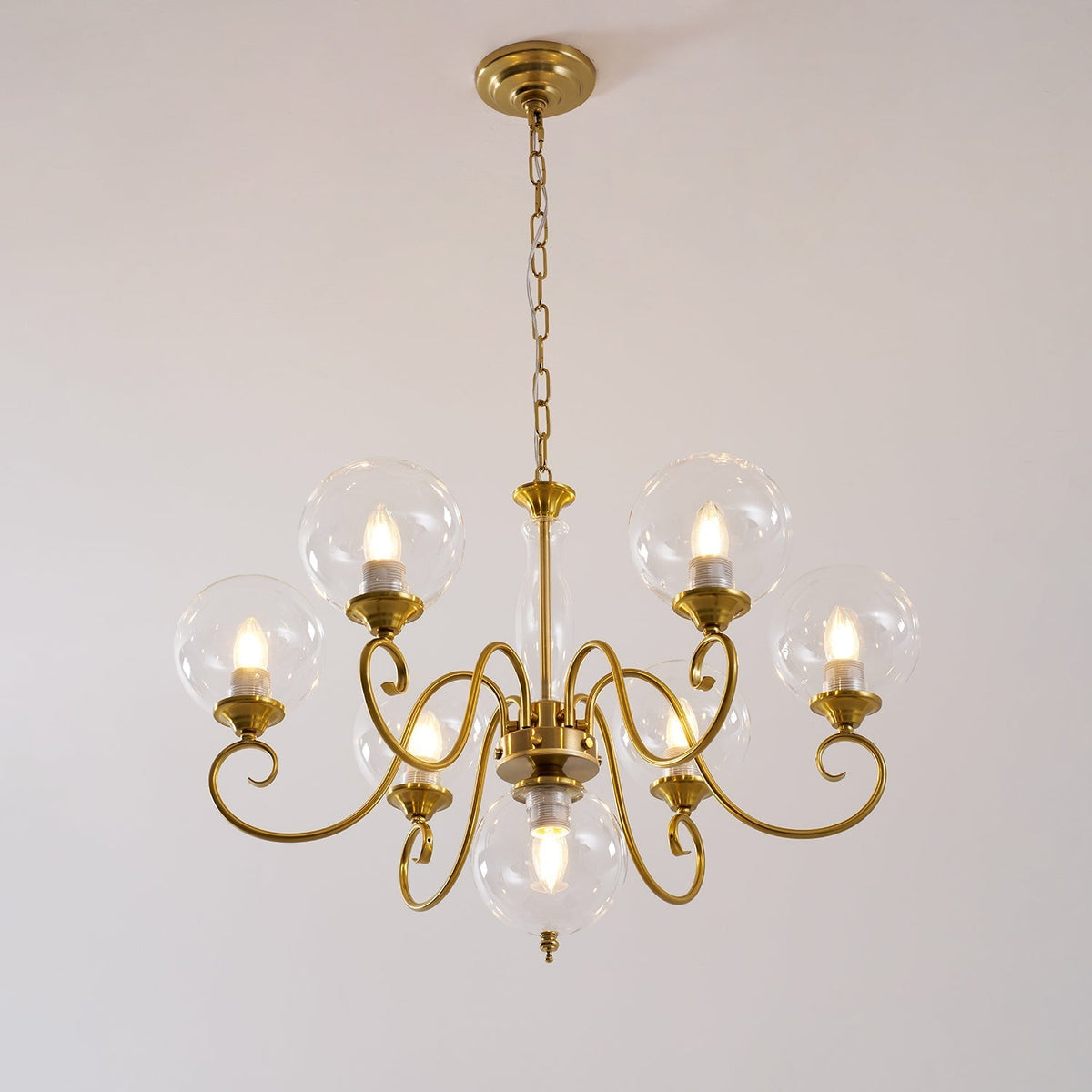 Hand-Blown Glass Globe Chandelier with Antique Brass Frame – Multi-Arm Pendant Light for Dining Room | Lonoma