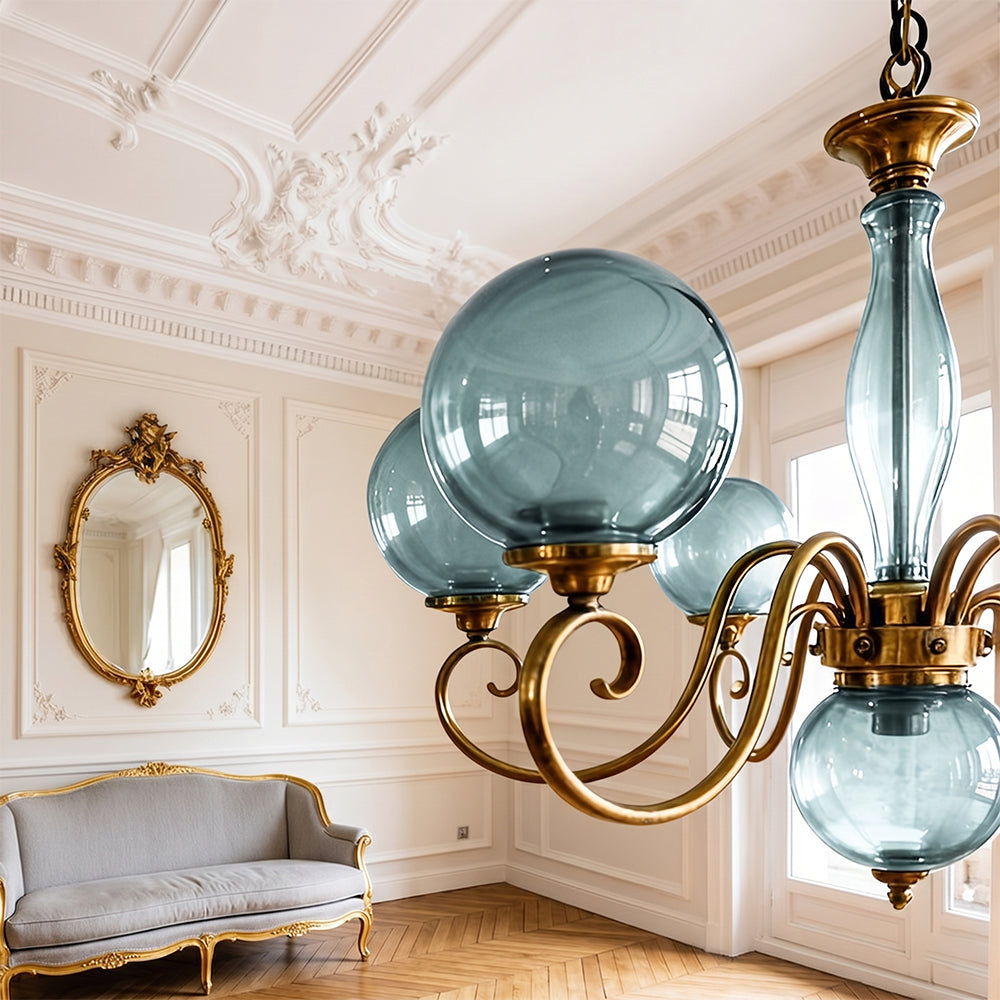 Hand-Blown Glass Globe Chandelier with Antique Brass Frame – Multi-Arm Pendant Light for Dining Room | Lonoma