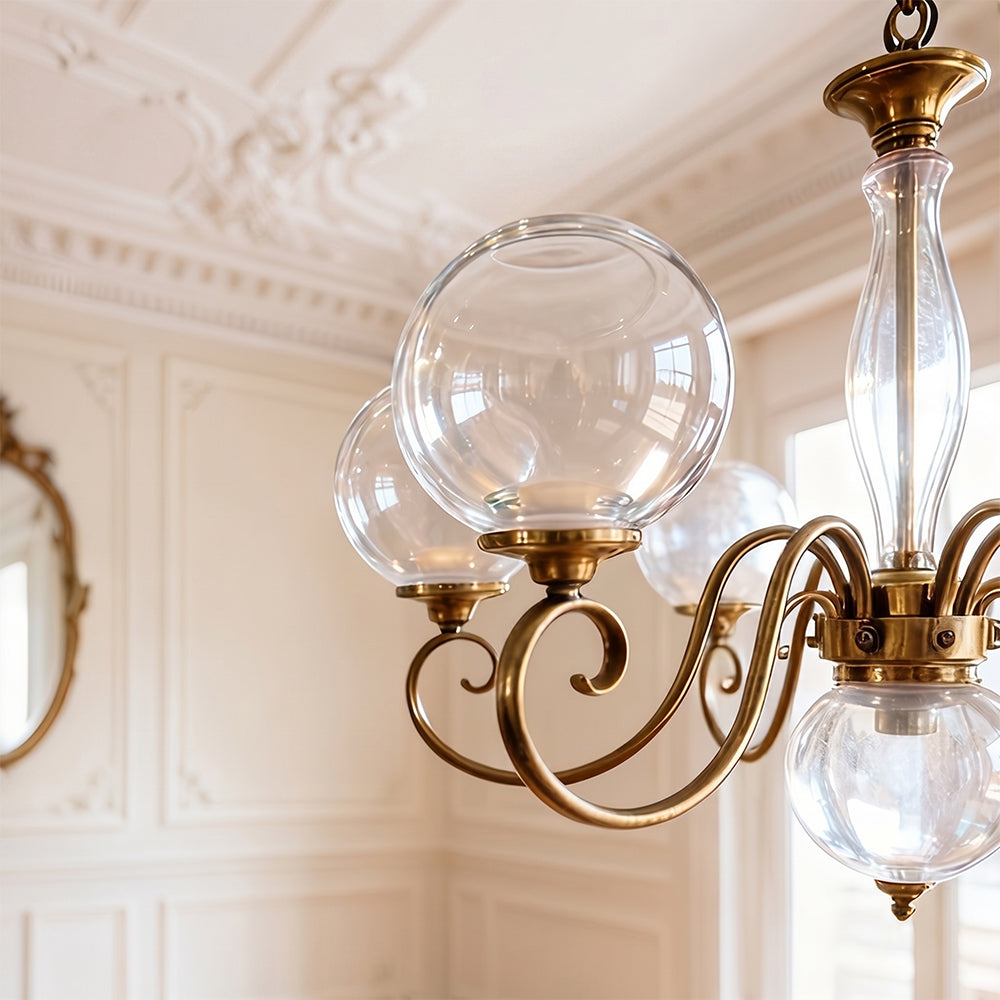 Hand-Blown Glass Globe Chandelier with Antique Brass Frame – Multi-Arm Pendant Light for Dining Room | Lonoma