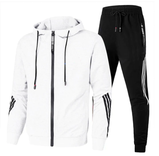 Men's Zip-Up Tracksuit Set in Cotton Blend with Striped Detail | Koossa