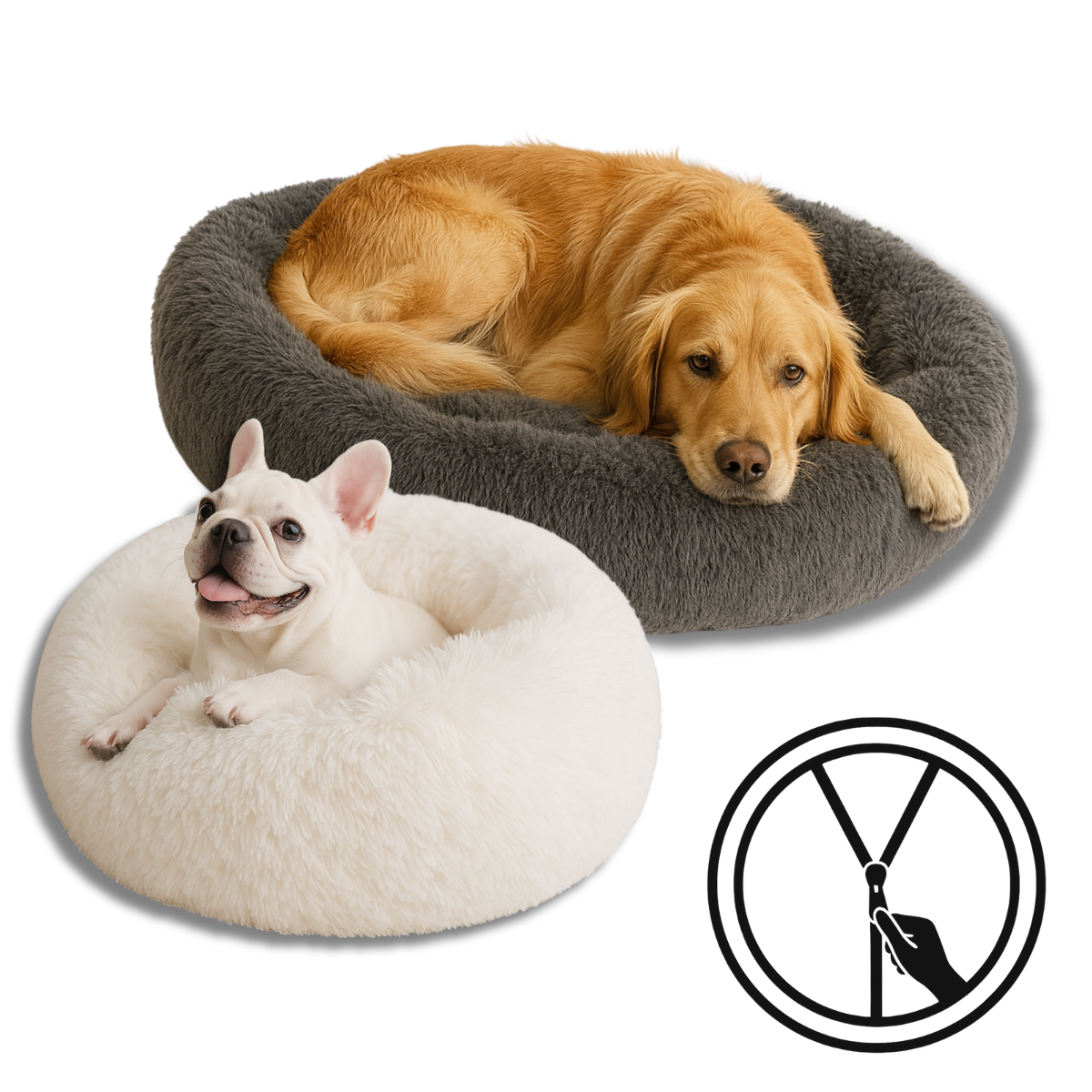 Dog Calming Bed Plush Donut Round Washable Cover Large Medium Anti-Anxiety Nesting Dog Bed Fluffy Shaggy Grey Curl-Up | Koossa