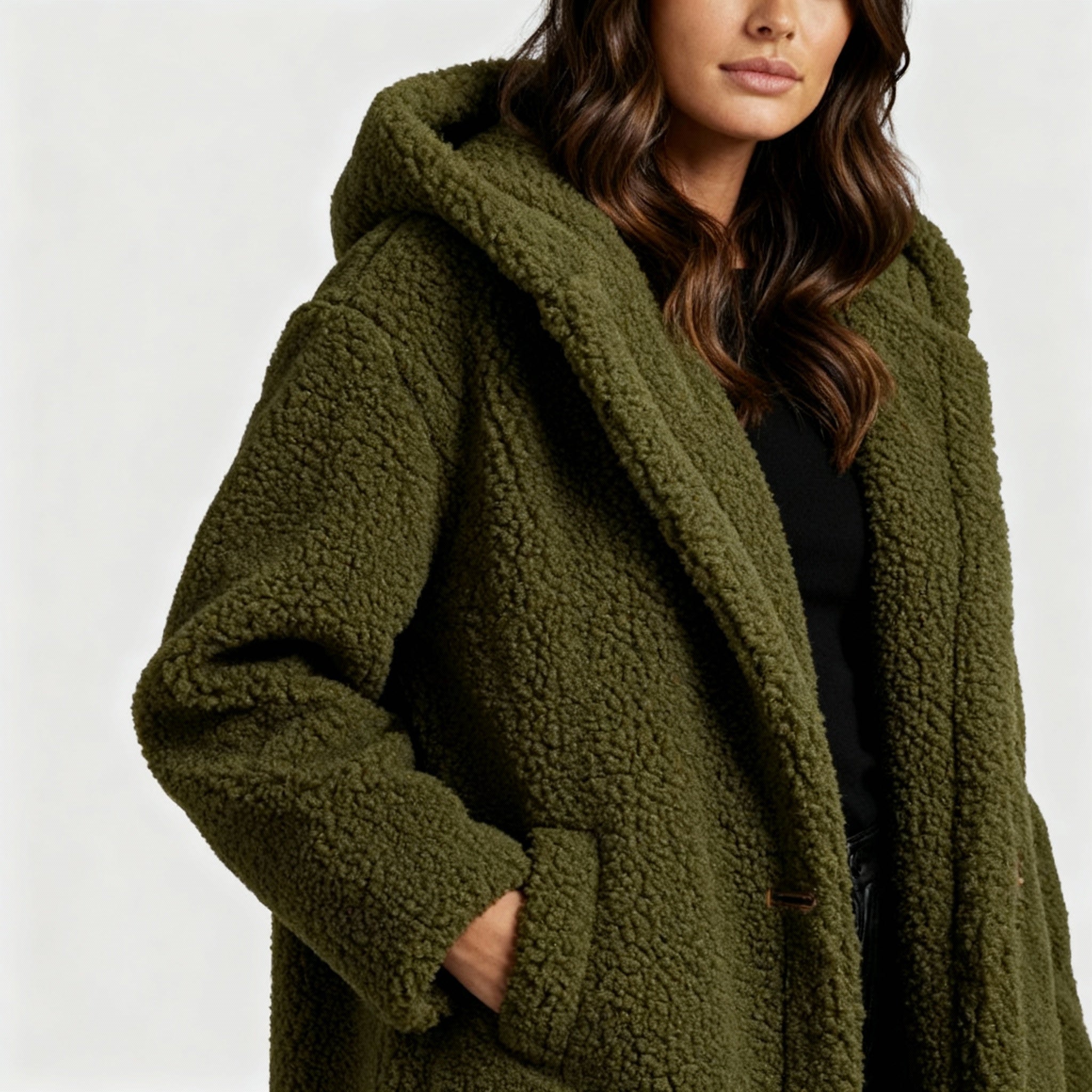 Women's Hooded Teddy Coat — Long Relaxed-Fit Winter Coat with Wide Lapels & Single-Button Front | Koossa