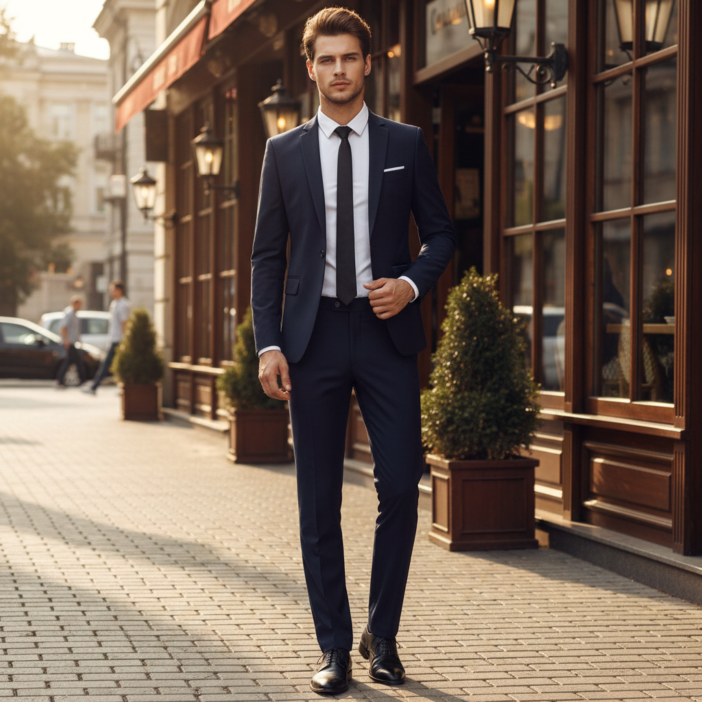 Men's Navy Slim-Fit Three-Piece Suit — Tailored Blazer, Waistcoat & Trousers for Business & Formal Occasions | Koossa