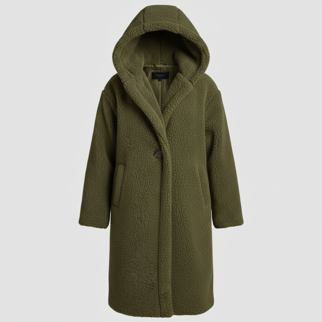 Women's Hooded Teddy Coat — Long Relaxed-Fit Winter Coat with Wide Lapels & Single-Button Front | Koossa