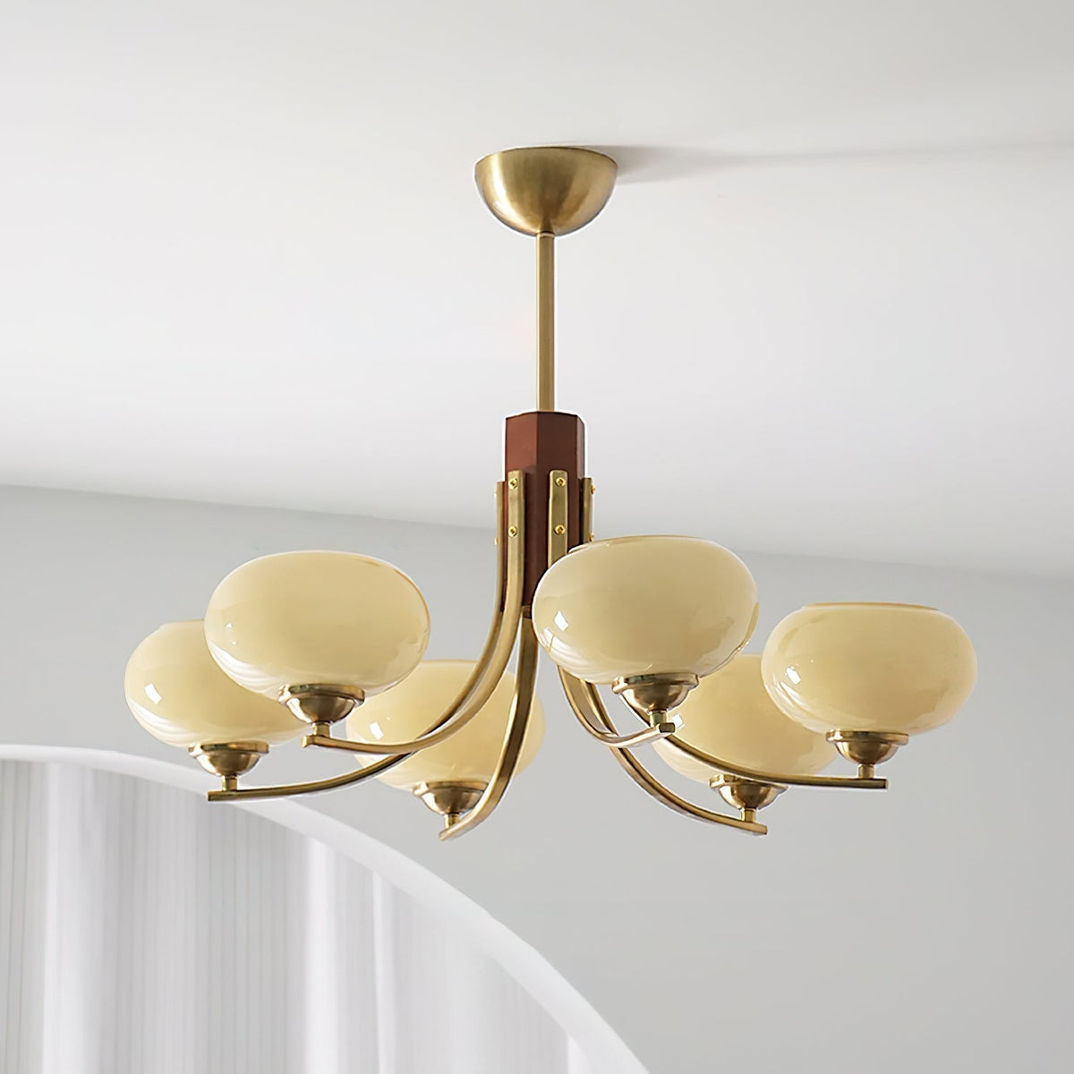Multi-Globe Pendant Chandelier with Amber Glass Shades and Wood Accents for Dining Room | Lonoma
