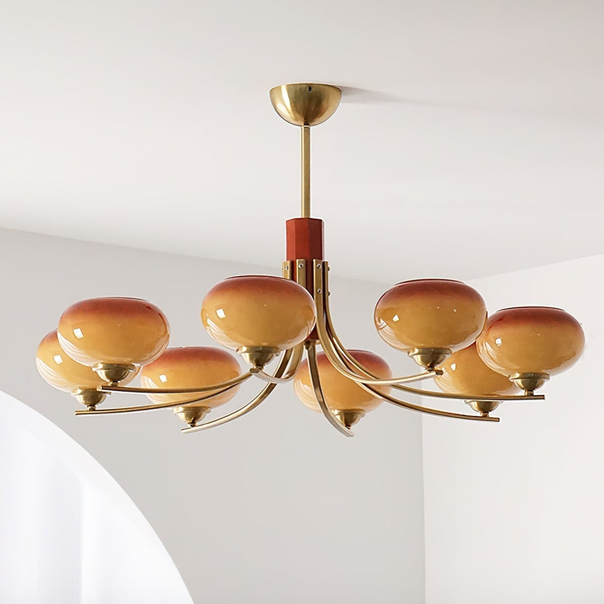 Multi-Globe Pendant Chandelier with Amber Glass Shades and Wood Accents for Dining Room | Lonoma