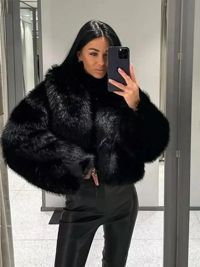 Plush Vegan Fur Jacket Wide Notch Collar Mid Length Winter Outerwear for Women Layering Coat Cruelty Free Lined Warmth | Lonoma