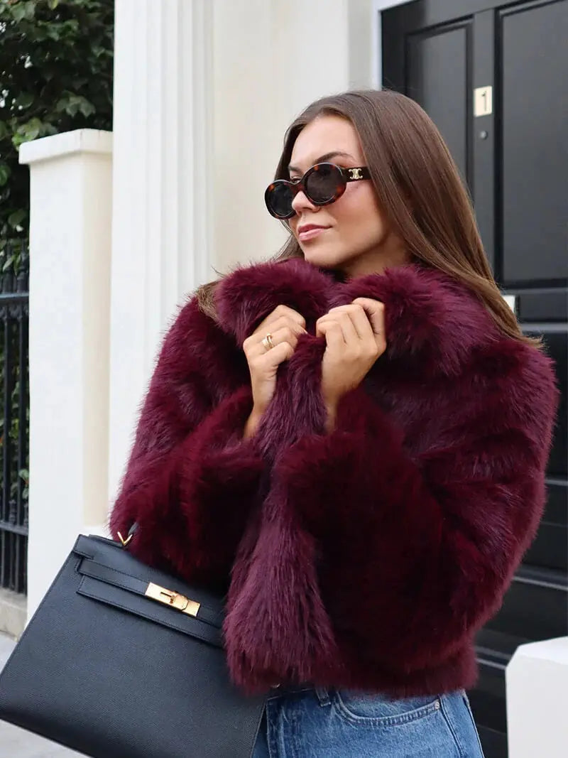 Plush Vegan Fur Jacket Wide Notch Collar Mid Length Winter Outerwear for Women Layering Coat Cruelty Free Lined Warmth | Lonoma