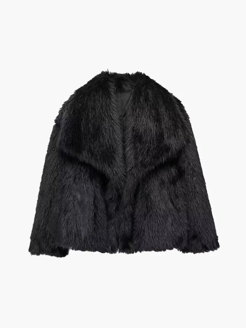 Plush Vegan Fur Jacket Wide Notch Collar Mid Length Winter Outerwear for Women Layering Coat Cruelty Free Lined Warmth | Lonoma
