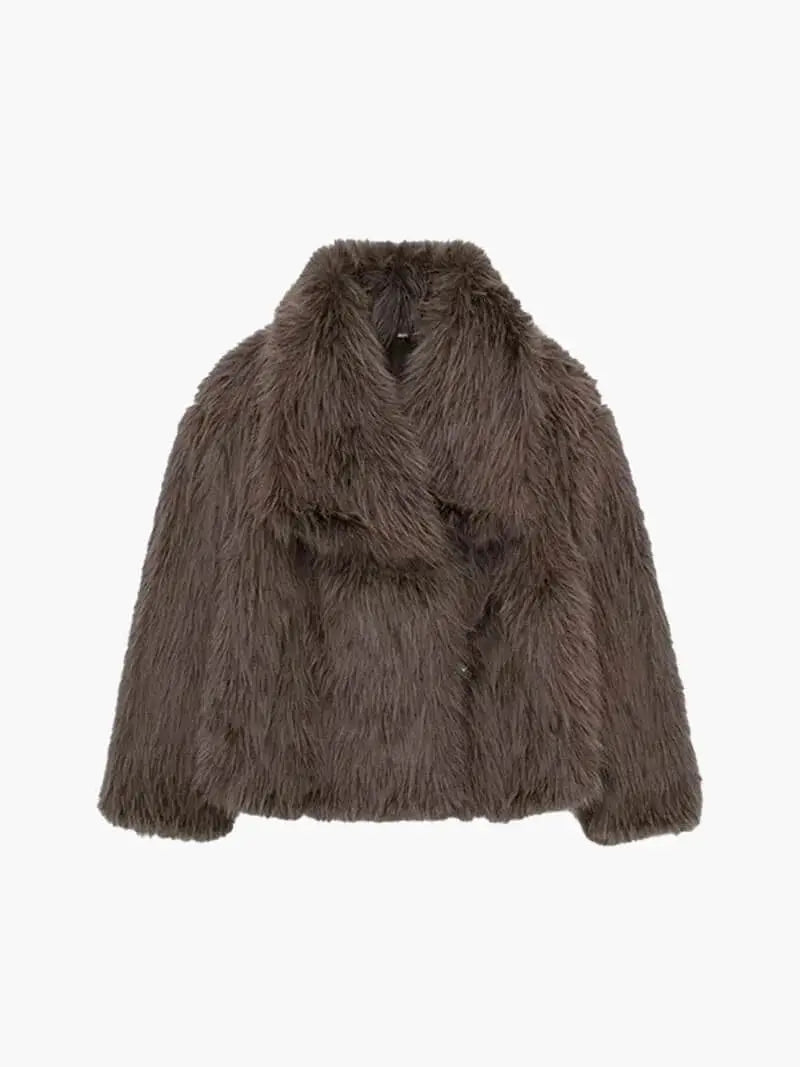 Plush Vegan Fur Jacket Wide Notch Collar Mid Length Winter Outerwear for Women Layering Coat Cruelty Free Lined Warmth | Lonoma
