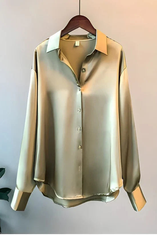 Lustrous Satin Blouse in Black with Classic Collar for Smart Occasions | Koossa