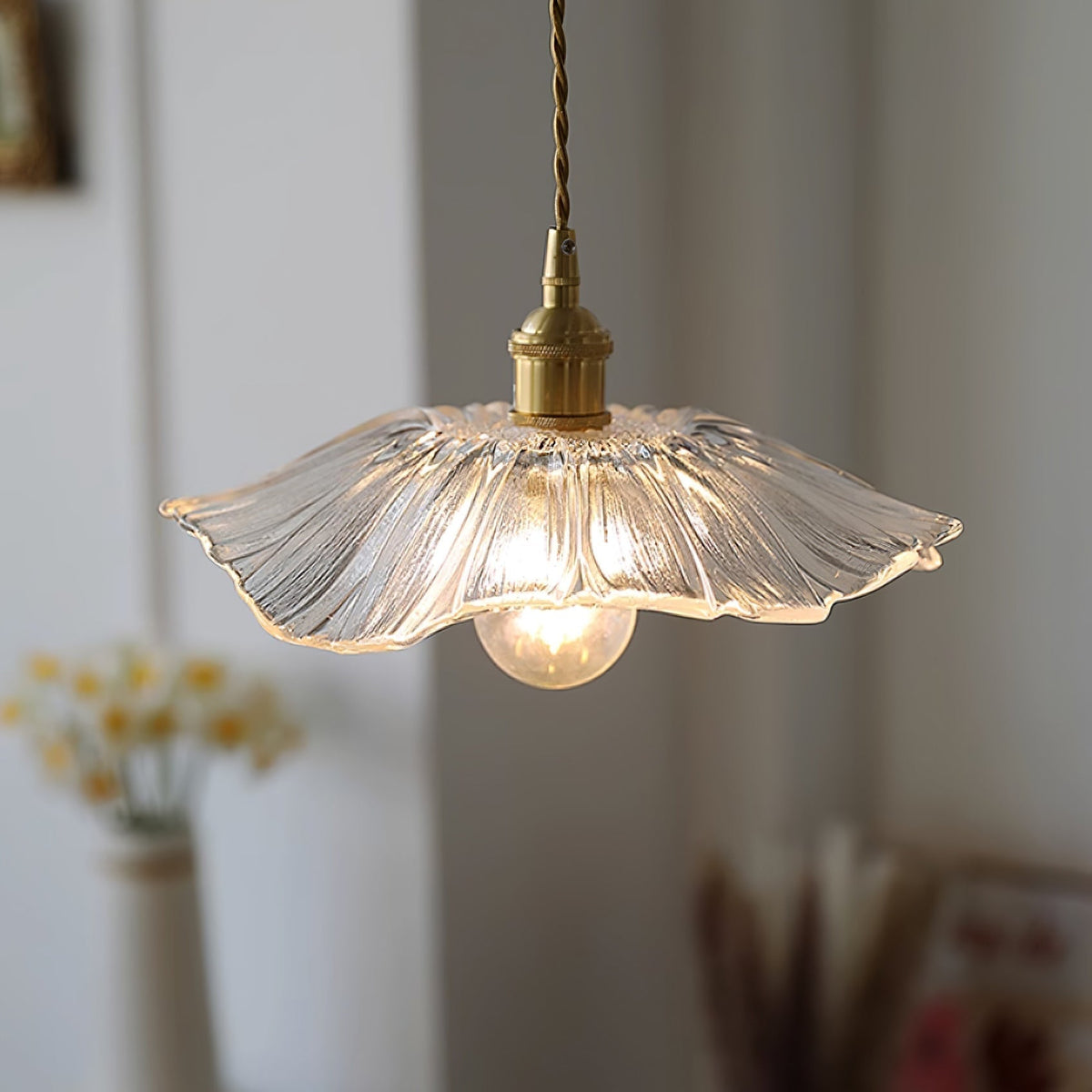 Floral Glass Flush Mount or Drop Ceiling Light with Brass Accents – Clear, Green or Pink Petal Shades for Bedroom, Dining Room | Lonoma