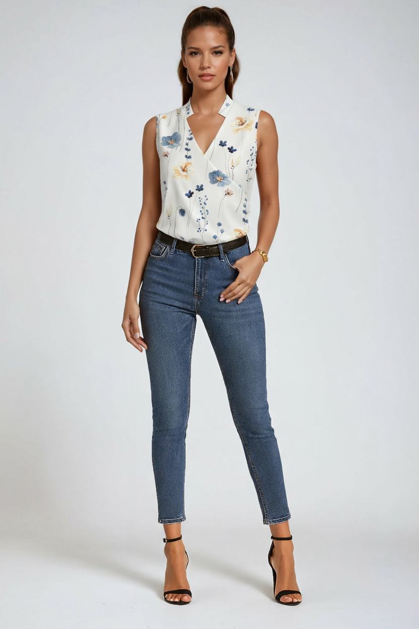 Sleeveless V-Neck Blouse in White, Blue, Black & Floral – Elegant Layering Essential for Work and Weekends | Koossa