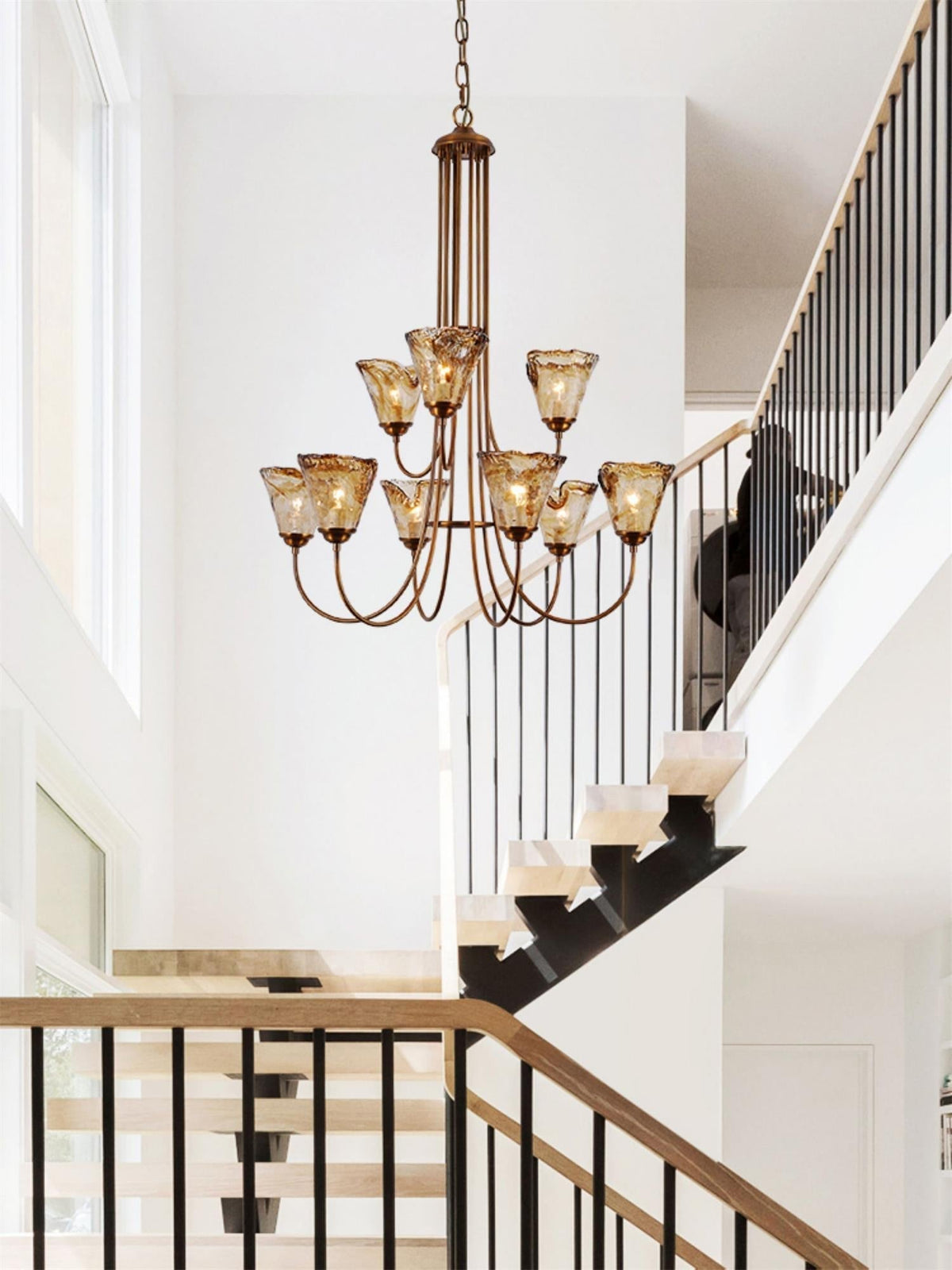 Amber Glass Globe Chandelier with Dark Brass Frame – Multi-Light Adjustable Height Hanging Fixture for Dining Room, Entryway, Living Room | Lonoma