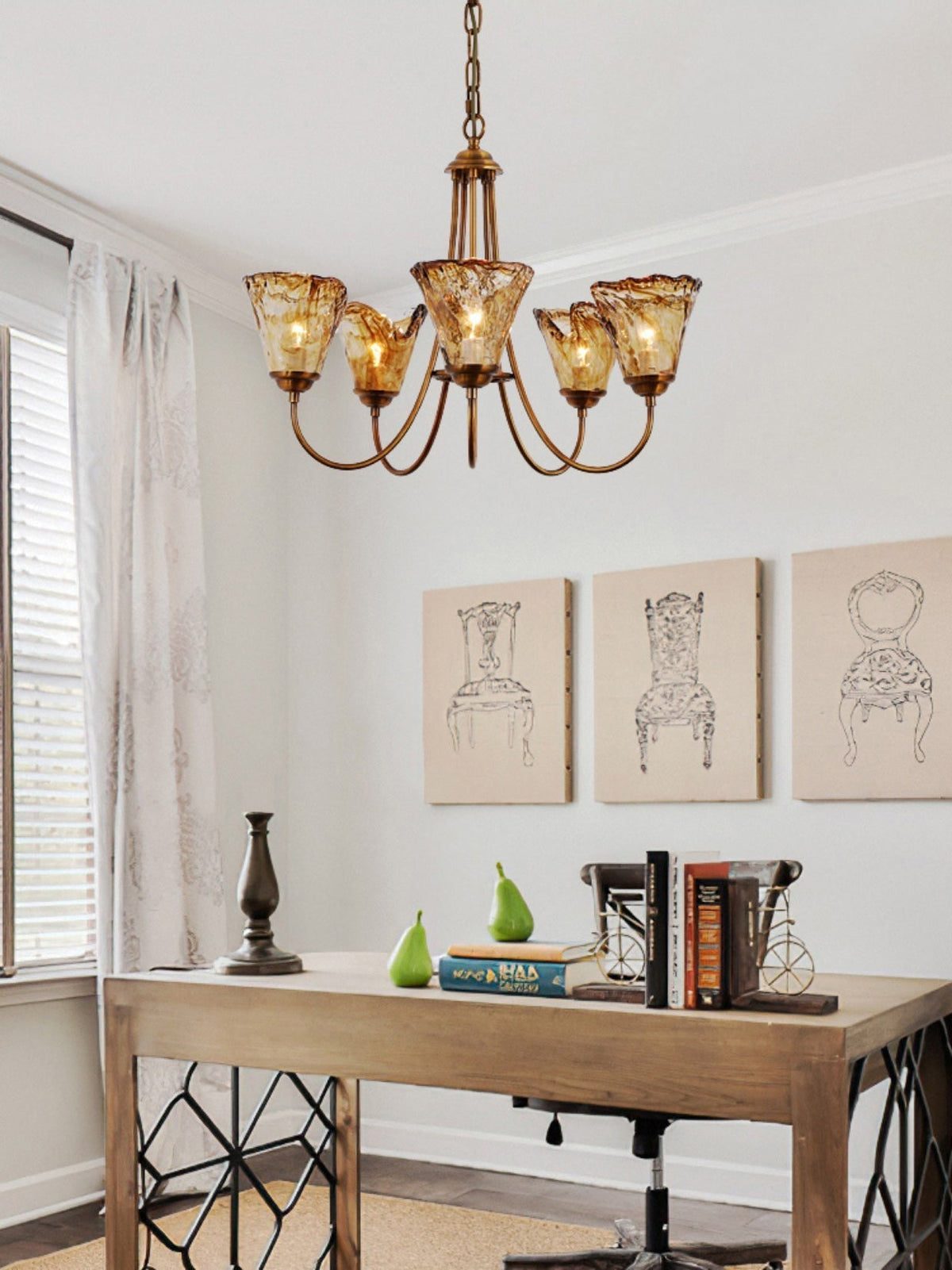 Amber Glass Globe Chandelier with Dark Brass Frame – Multi-Light Adjustable Height Hanging Fixture for Dining Room, Entryway, Living Room | Lonoma