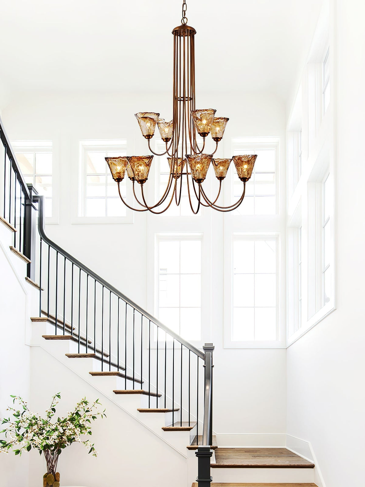 Amber Glass Globe Chandelier with Dark Brass Frame – Multi-Light Adjustable Height Hanging Fixture for Dining Room, Entryway, Living Room | Lonoma