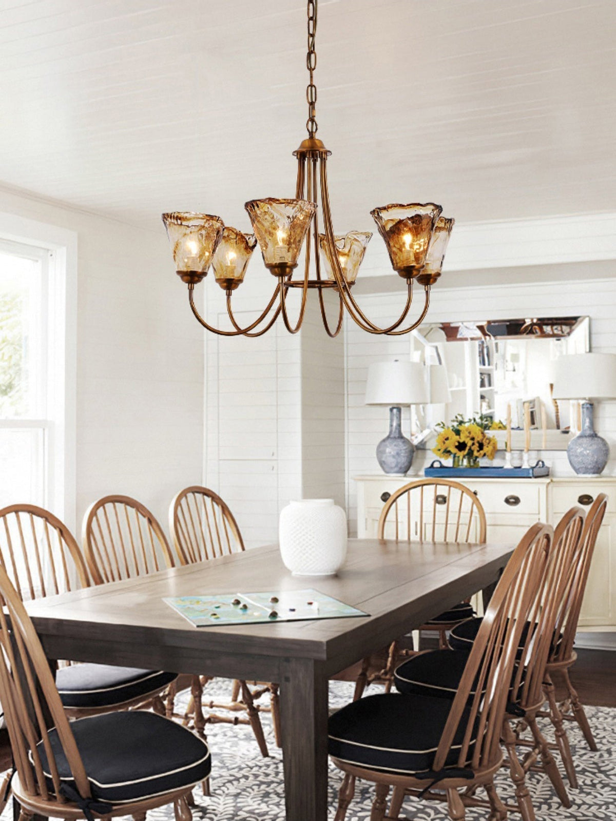 Amber Glass Globe Chandelier with Dark Brass Frame – Multi-Light Adjustable Height Hanging Fixture for Dining Room, Entryway, Living Room | Lonoma