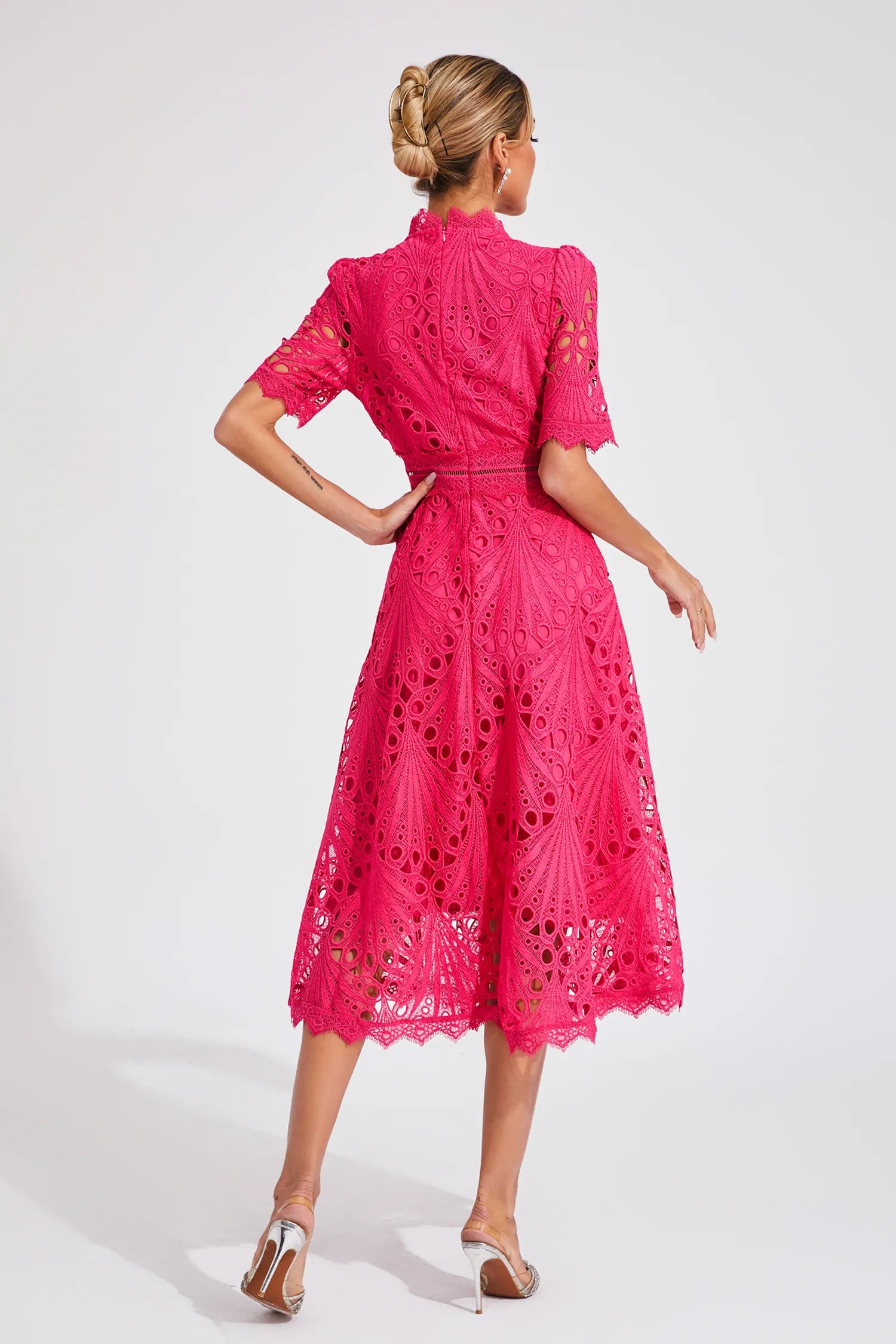 Rose Pink Fit & Flare Midi Dress | High Neck Elegance for Festive Occasions & Celebrations | Koossa