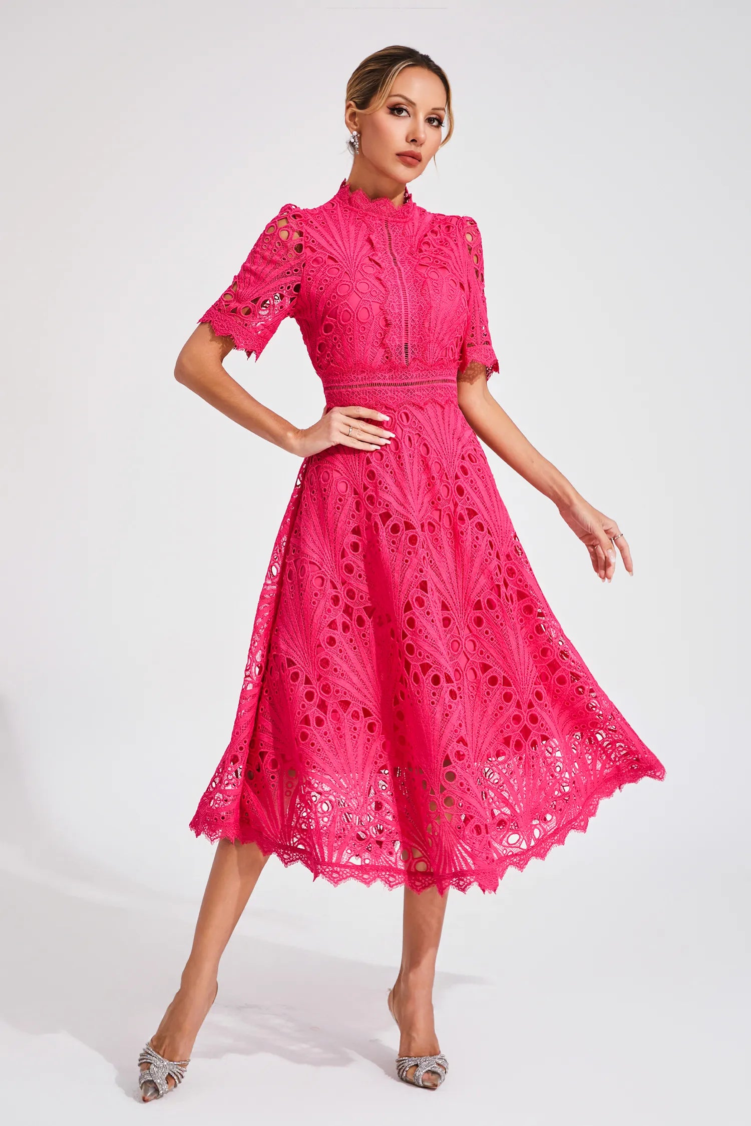 Rose Pink Fit & Flare Midi Dress | High Neck Elegance for Festive Occasions & Celebrations | Koossa