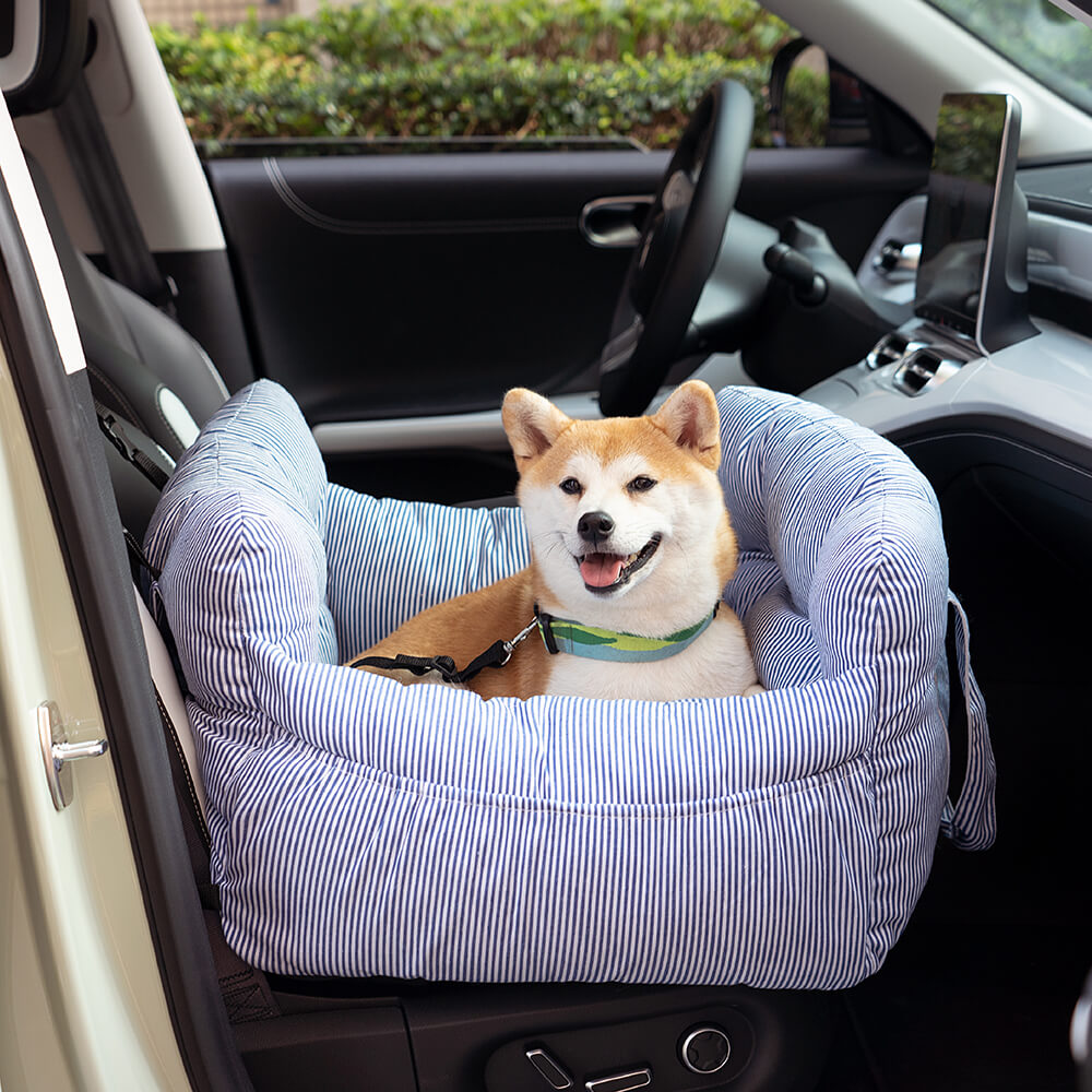 Dog Car Seat Bed Padded Cotton Blue White Striped Medium Large Booster Travel Carrier Washable Safety Pet Seat | Koossa