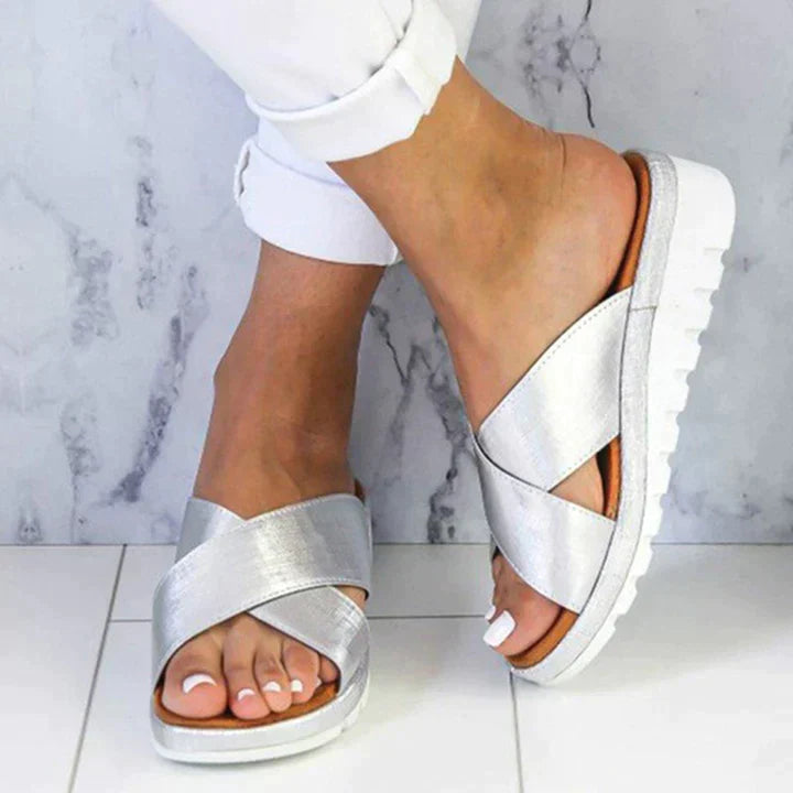 Cross-Strap Sandals in Metallic and Matte Finishes for Warm-Weather Comfort | Supportive Summer Footwear with Contemporary Design and Easy Slip-On Style | Koossa