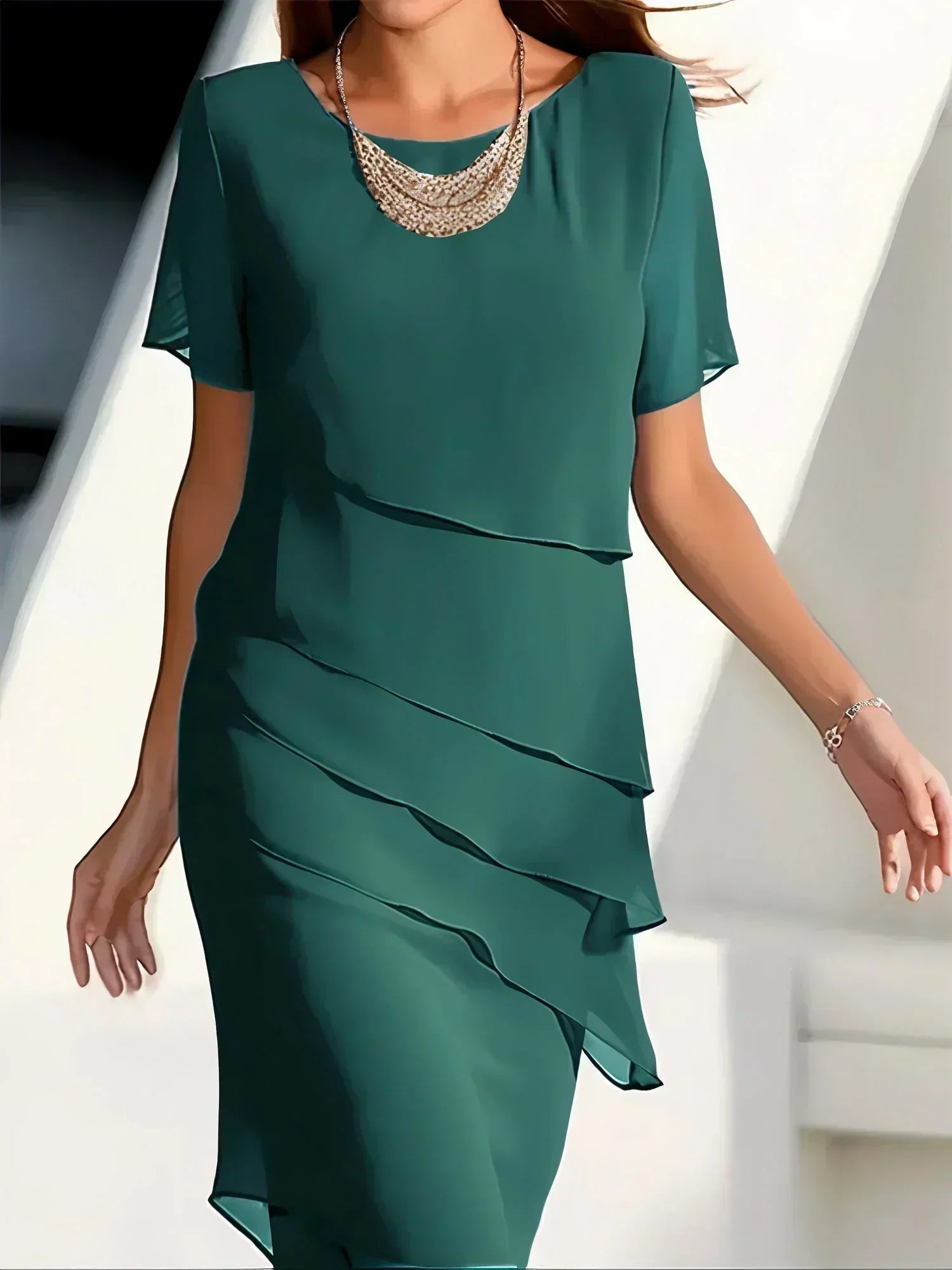 Women's Tiered Short Sleeve Dress Flowing Midi Length for Summer Occasions Lightweight Comfortable Garden Party Tea Dress | Koossa
