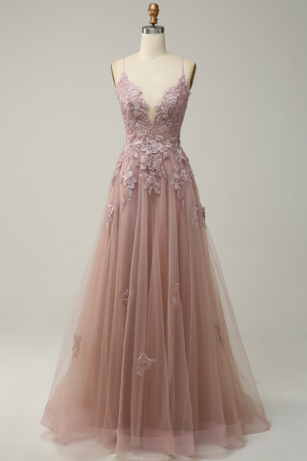 Women's Floor-Length A-Line Evening Gown with Adjustable Lace-Up Back and Spaghetti Straps | Koossa