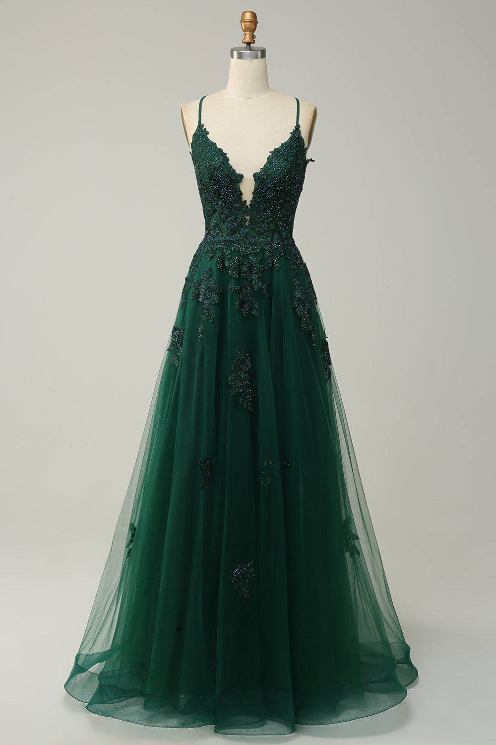 Women's Floor-Length A-Line Evening Gown with Adjustable Lace-Up Back and Spaghetti Straps | Koossa