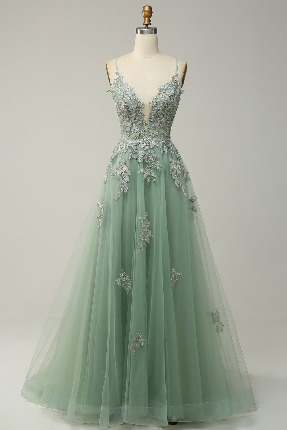 Women's Floor-Length A-Line Evening Gown with Adjustable Lace-Up Back and Spaghetti Straps | Koossa