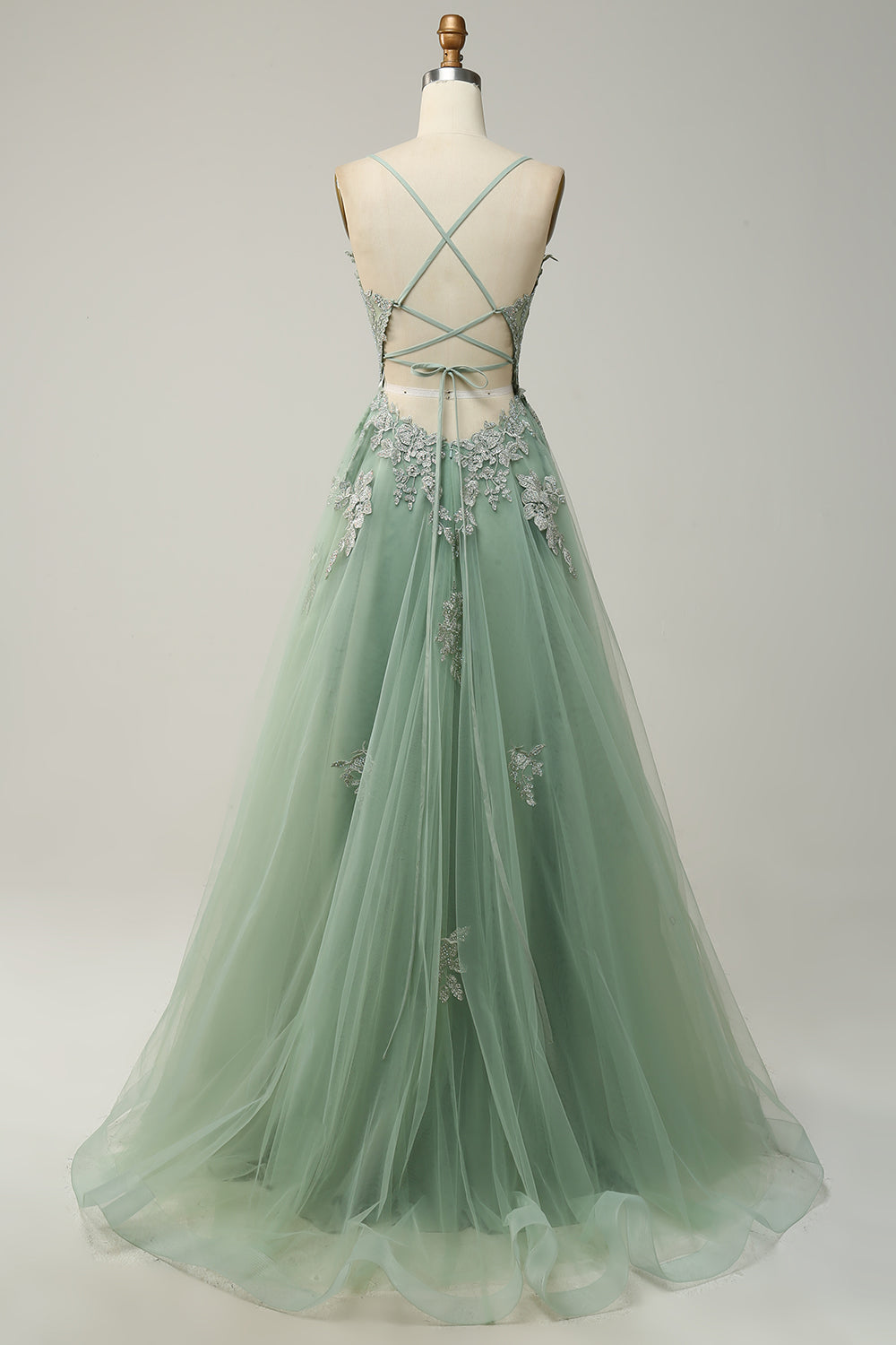 Women's Floor-Length A-Line Evening Gown with Adjustable Lace-Up Back and Spaghetti Straps | Koossa