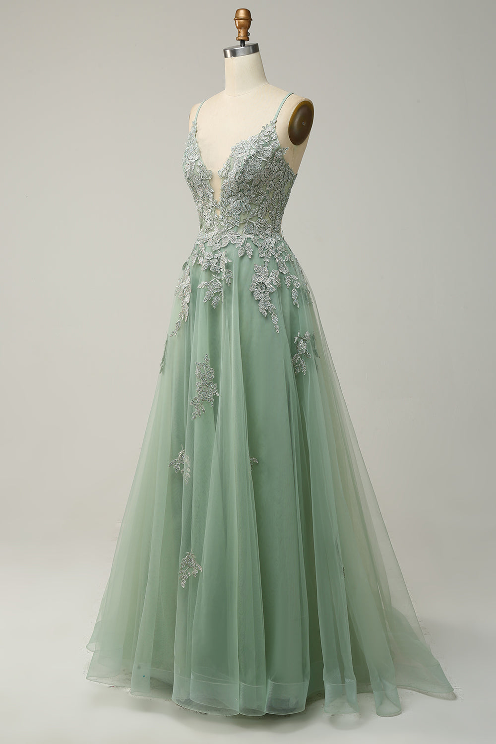 Women's Floor-Length A-Line Evening Gown with Adjustable Lace-Up Back and Spaghetti Straps | Koossa