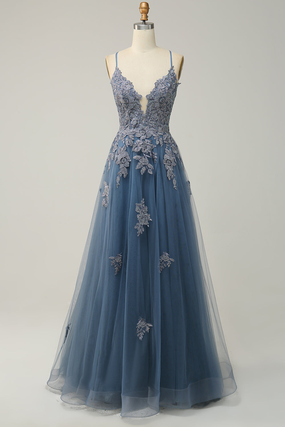 Women's Floor-Length A-Line Evening Gown with Adjustable Lace-Up Back and Spaghetti Straps | Koossa