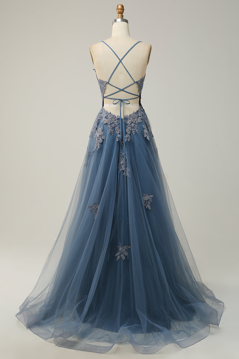 Women's Floor-Length A-Line Evening Gown with Adjustable Lace-Up Back and Spaghetti Straps | Koossa