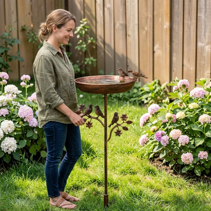Metal Bird Bath with Garden Stake, 9.5 in Copper-Tone Outdoor Birdbath Bowl for Songbirds, Yard, Patio & Lawn, Easy Assembly | Lonoma