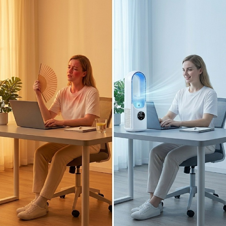 Refroidisseur d'air sans pales compact et silencieux rechargeable pour bureau et chambre blanc et bleu | Koossa