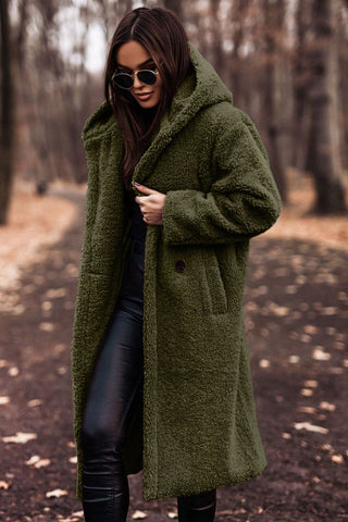 Women's Hooded Teddy Coat — Long Relaxed-Fit Winter Coat with Wide Lapels & Single-Button Front | Koossa